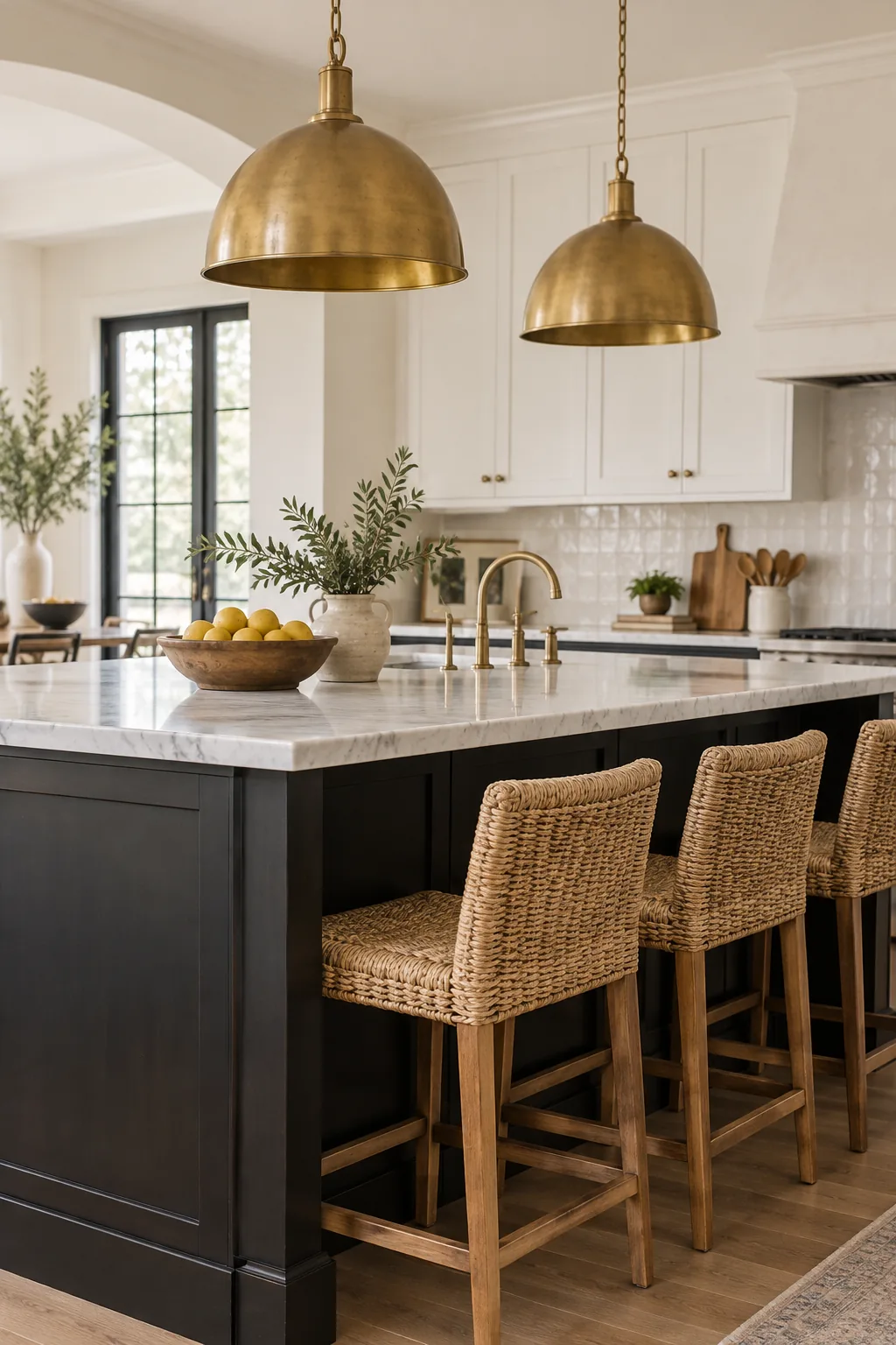 Unlacquered brass dome pendant lights hanging above a kitchen island.