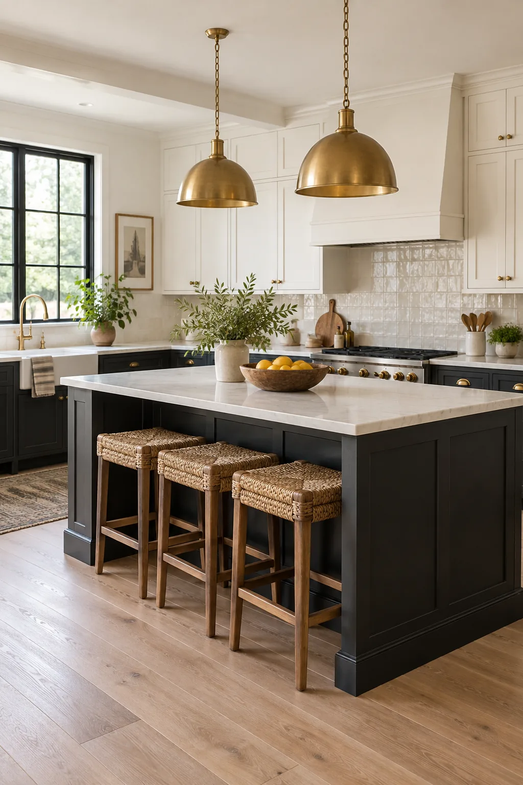 Woven seagrass counter stools tucked beneath a black kitchen island.
