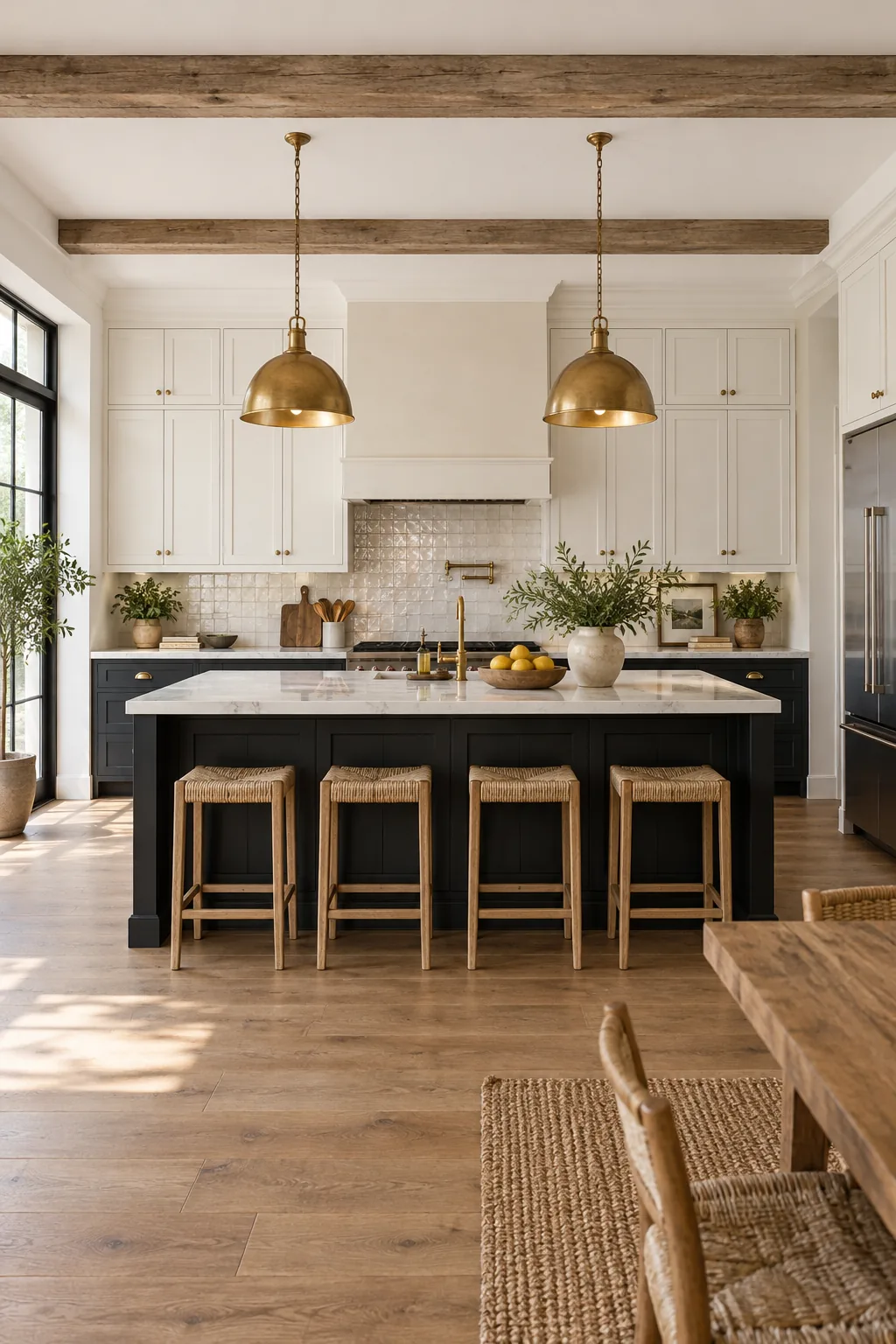 A perfectly balanced kitchen showcasing black lowers, white uppers, and warm wood and brass accents.