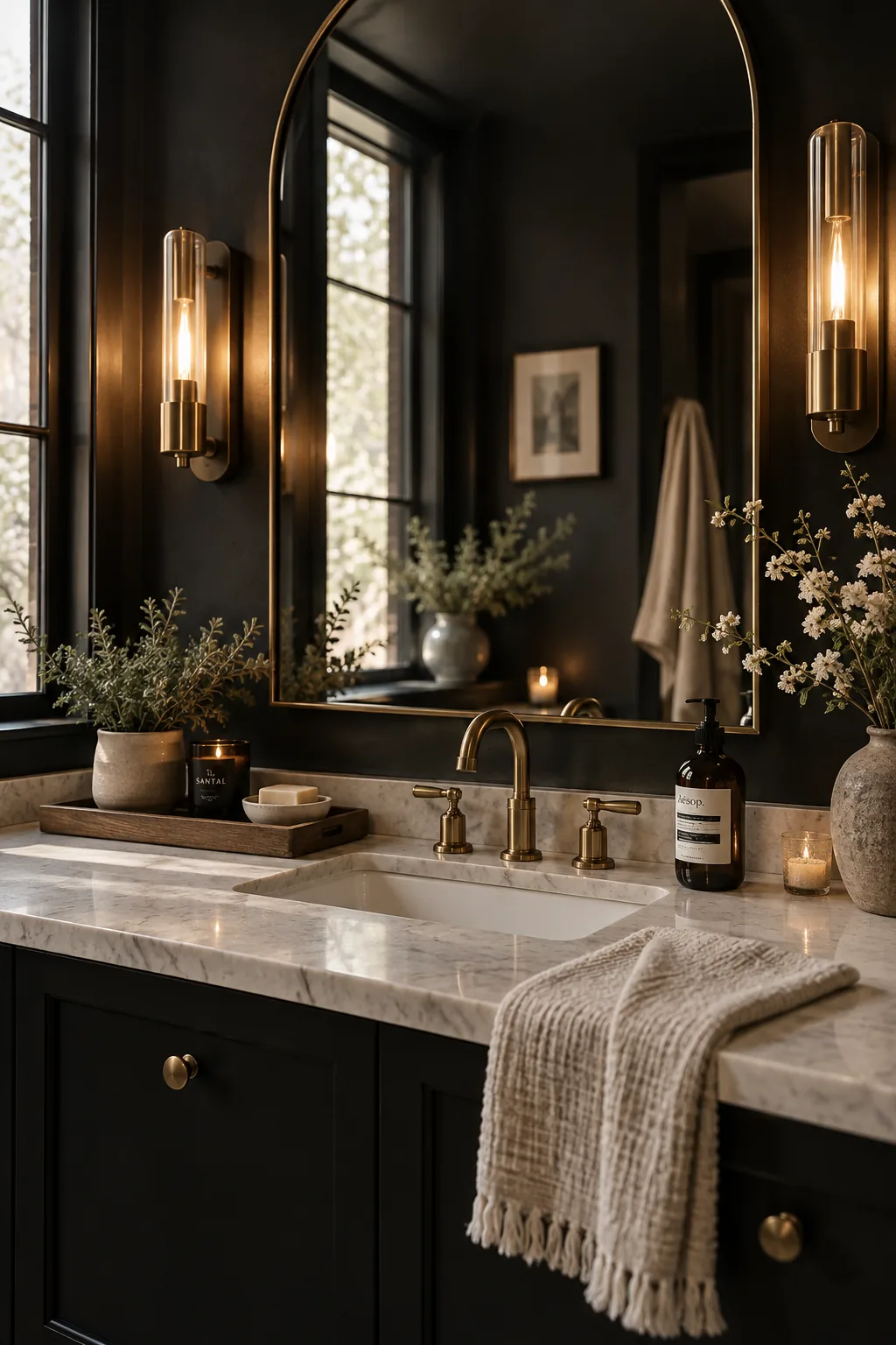 Matte black bathroom walls with a large mirror and brass sconces