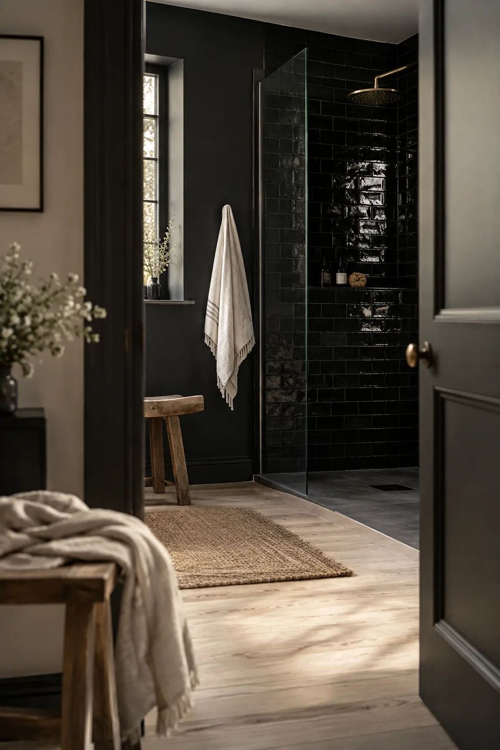 Glossy black subway tile shower next to flat black painted walls
