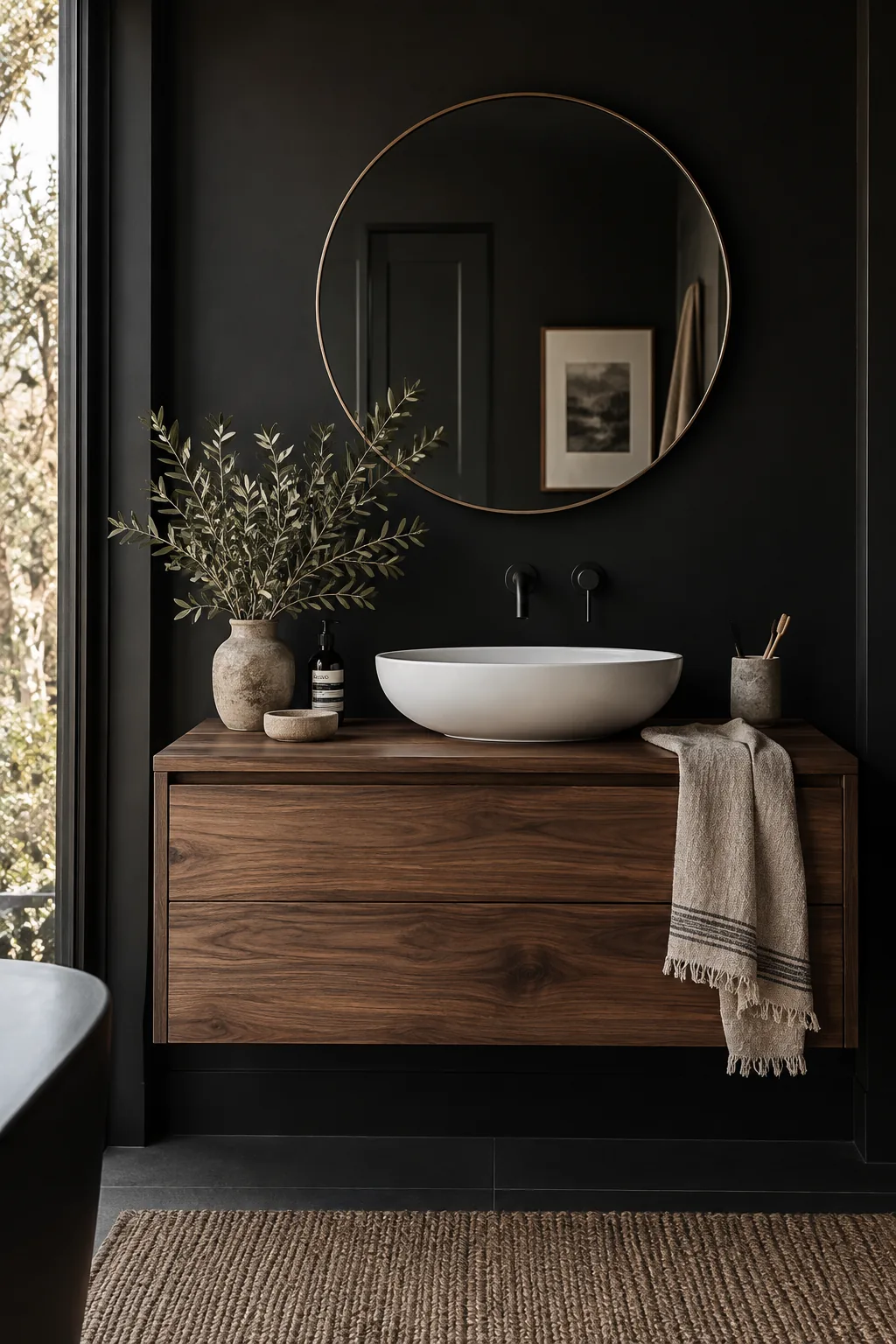 Natural walnut wood vanity against a solid black bathroom wall