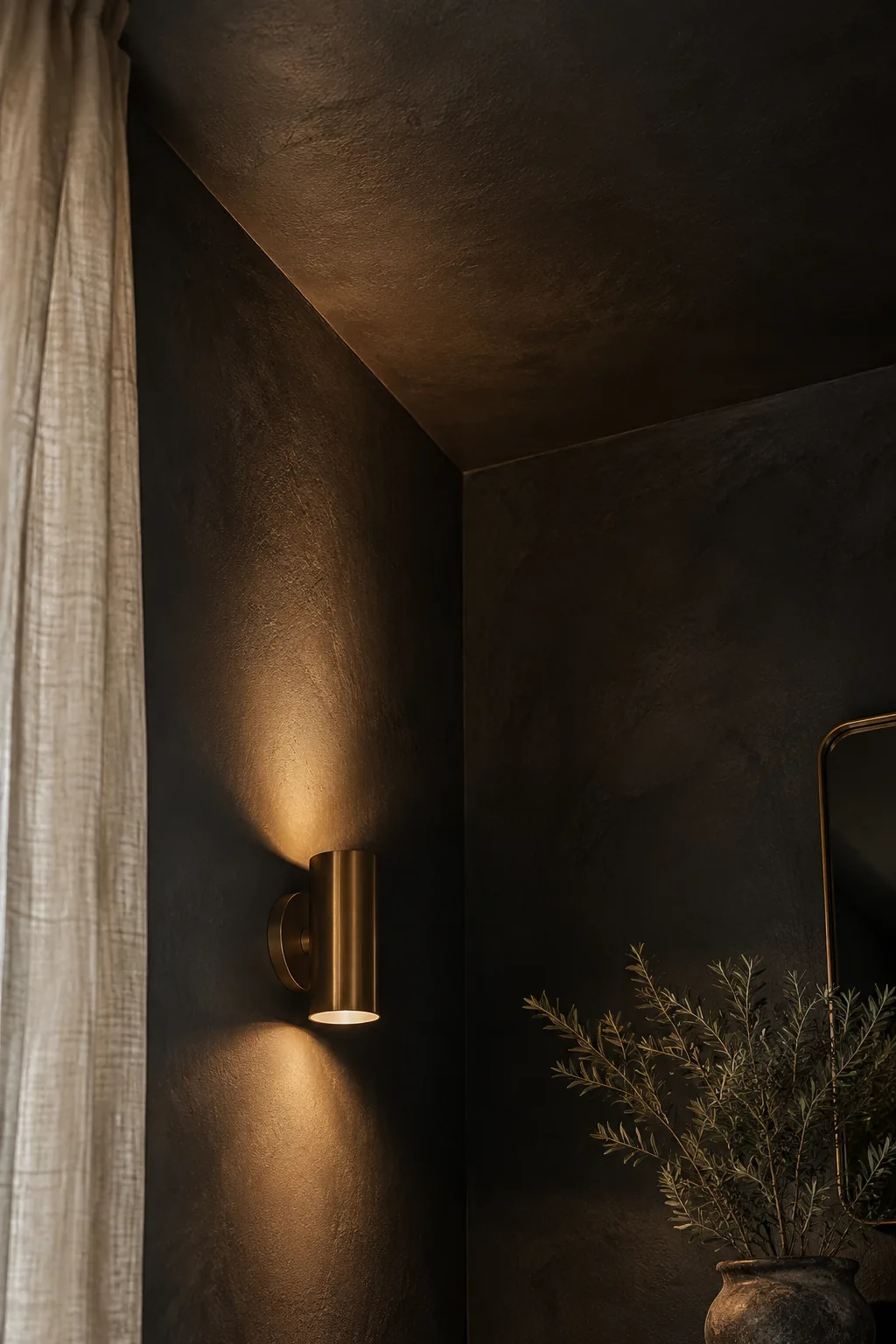 Bathroom with black walls and a matching black ceiling