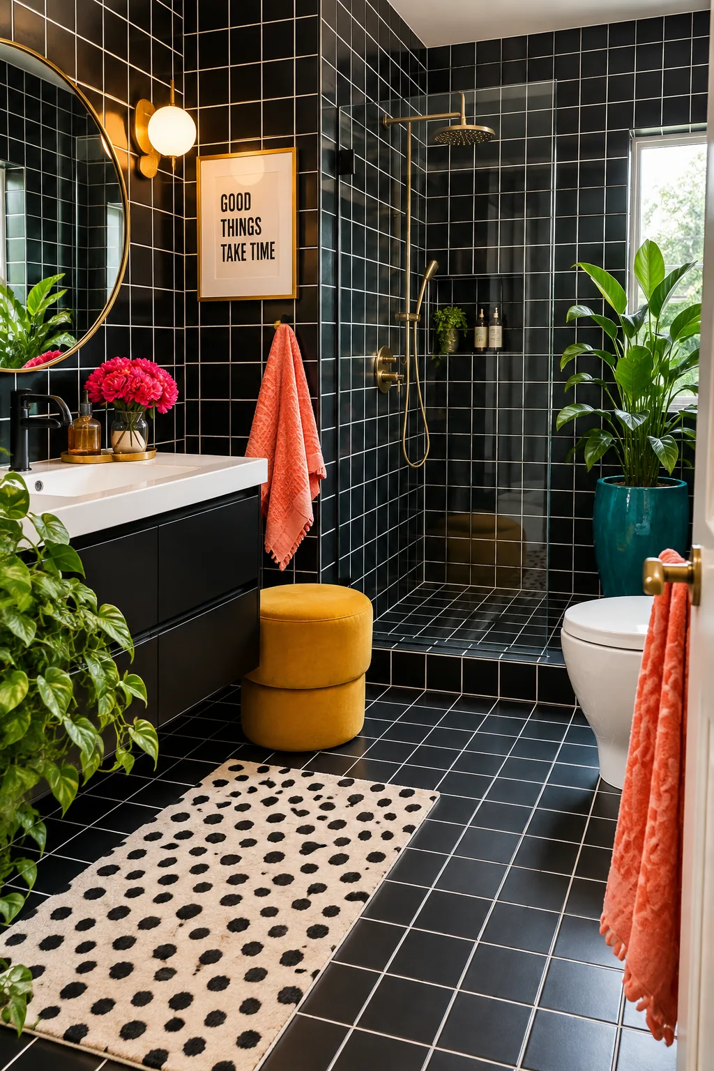 Black bathroom tiles with stark white grout lines