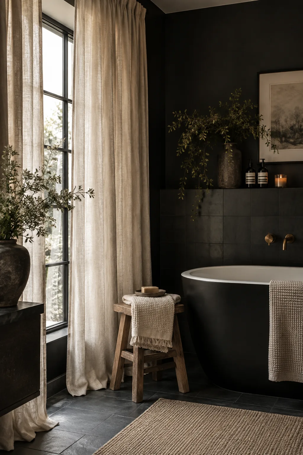 Heavy linen curtains hung high in a black bathroom