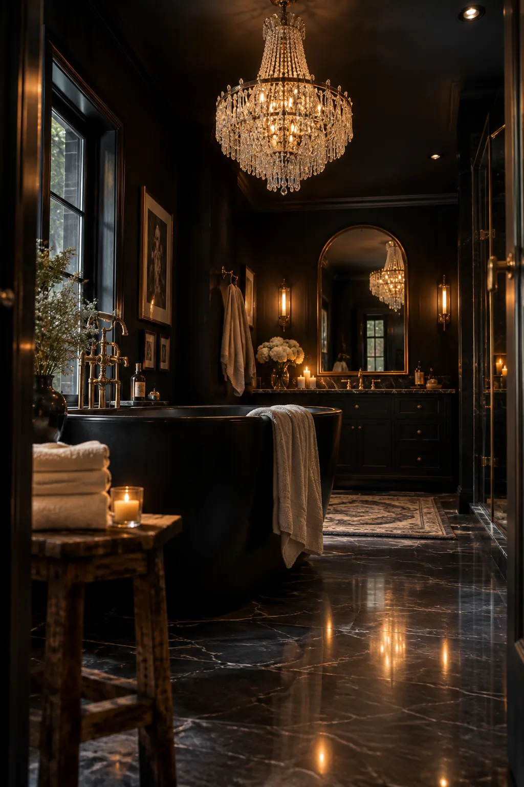 Sparkling crystal chandelier hanging from a matte black bathroom ceiling