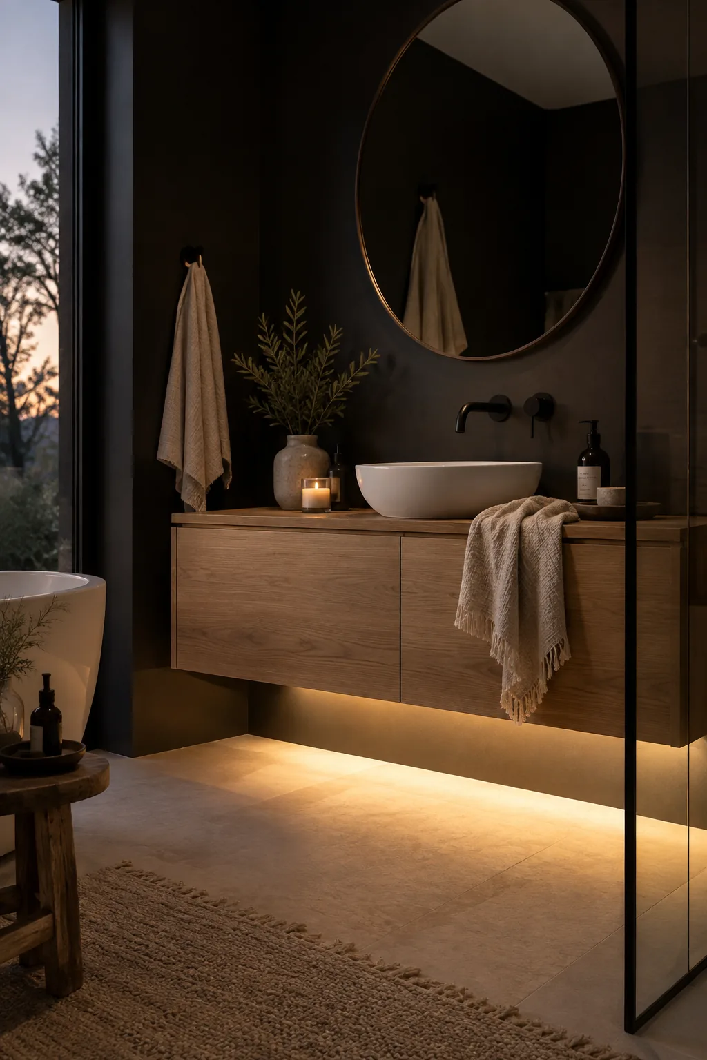 Floating bathroom vanity illuminated by under-cabinet LED strip lighting