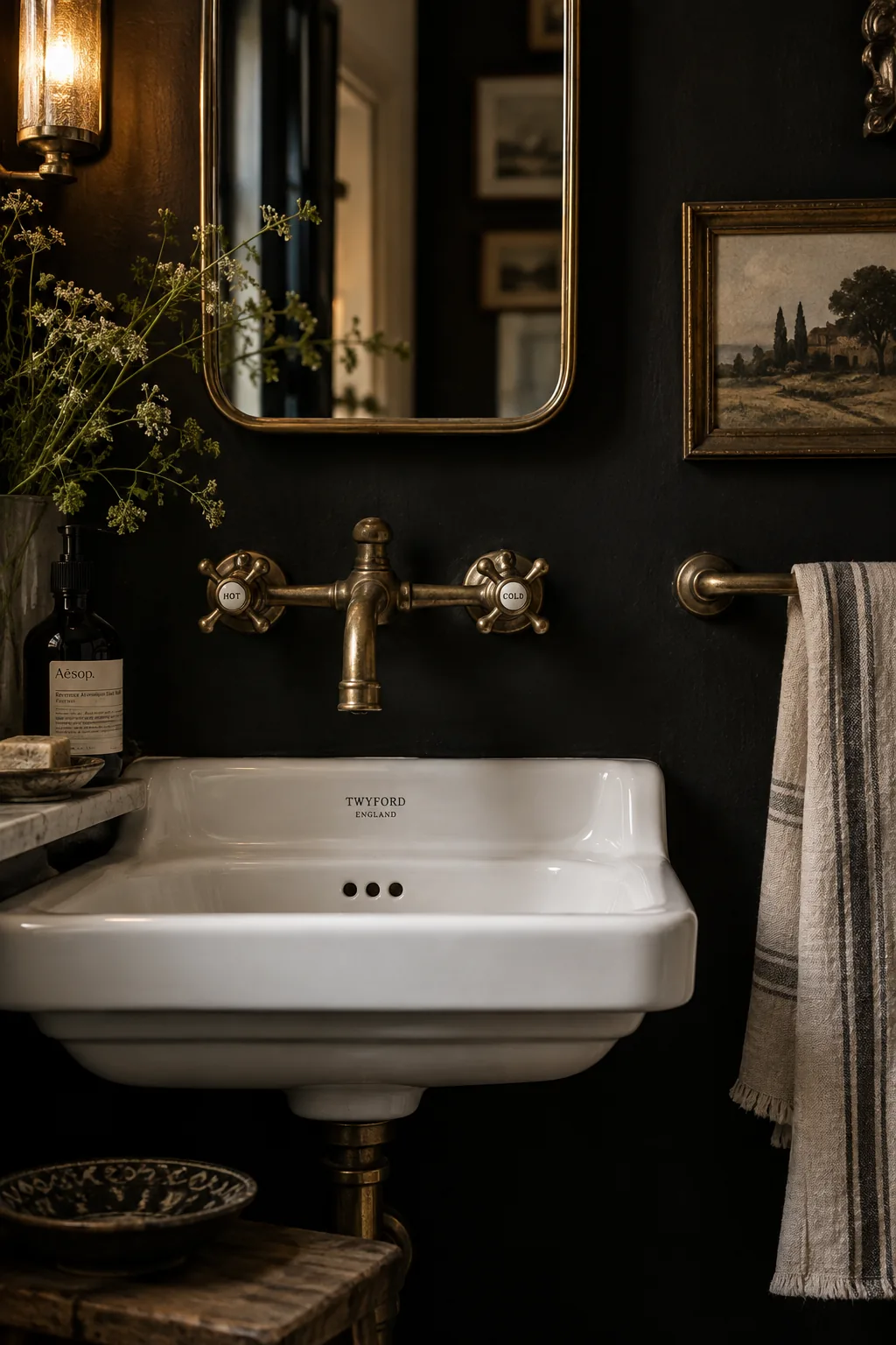 Vintage unlacquered brass faucet in a dark moody bathroom