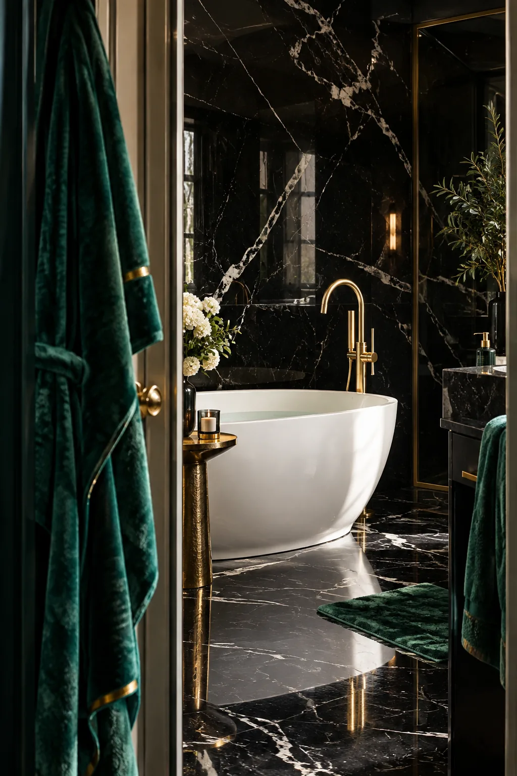 Floor-to-ceiling Nero Marquina black marble with white veining in a bathroom