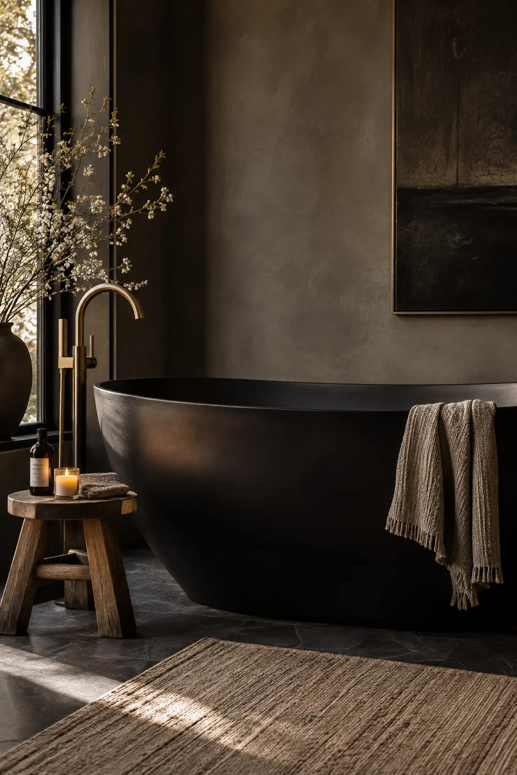 Black freestanding bathtub placed in front of a slightly lighter wall