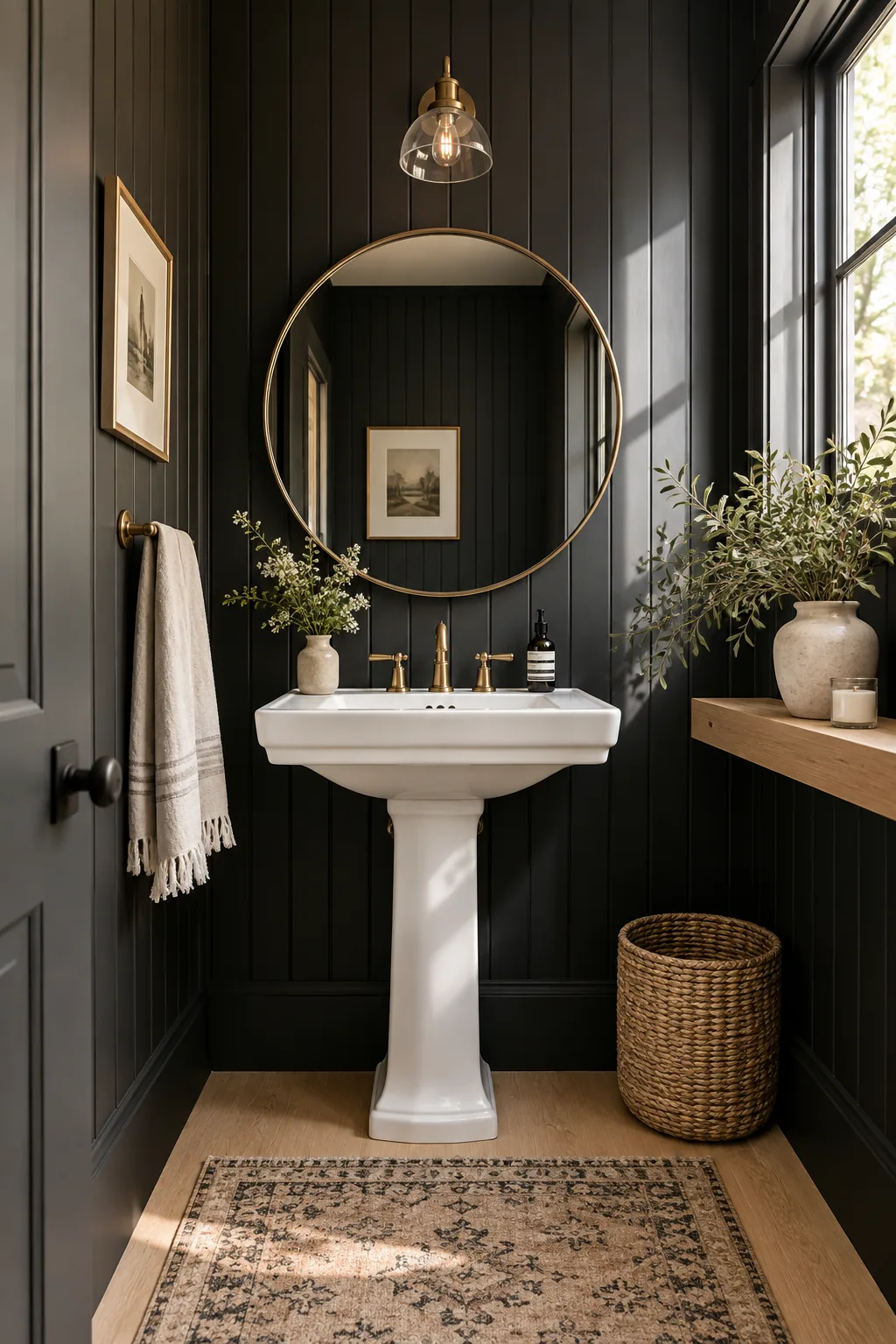 Black vertical shiplap paneling in a moody powder room