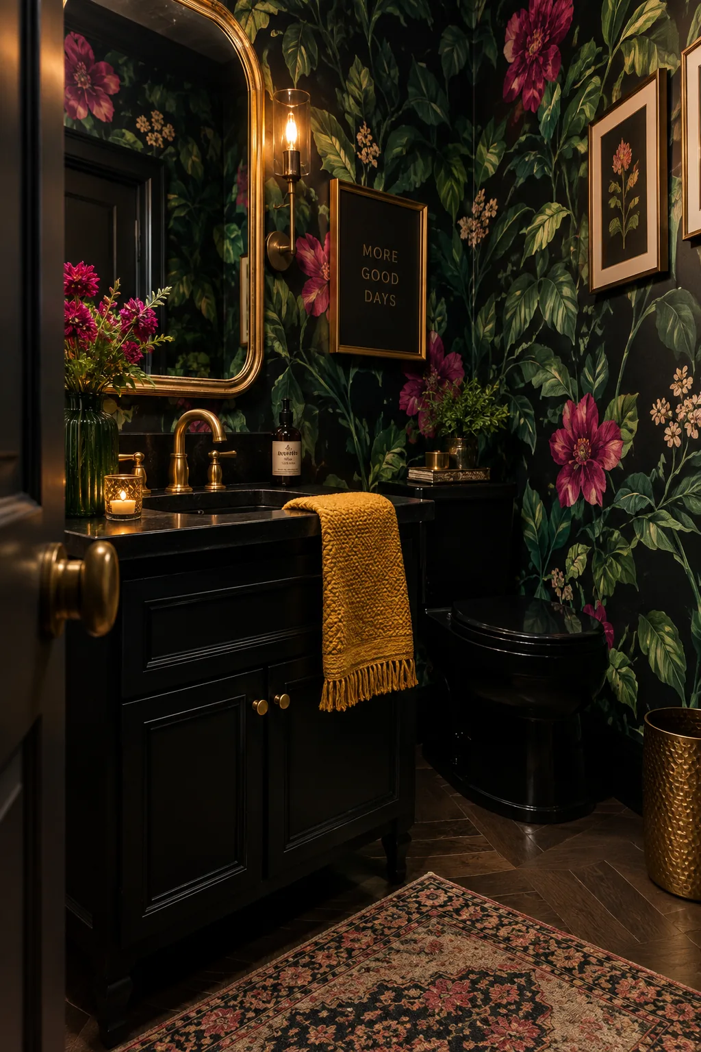Small bathroom covered in dark botanical wallpaper