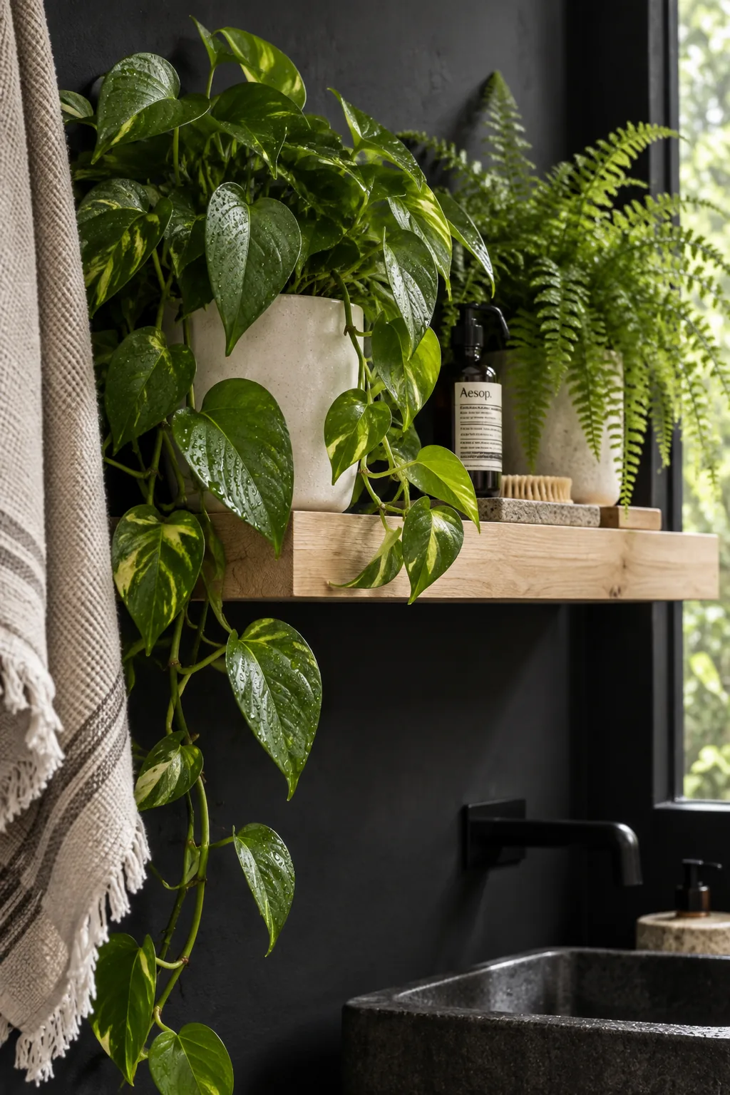 Bright green potted fern sitting on a shelf against a black bathroom wall
