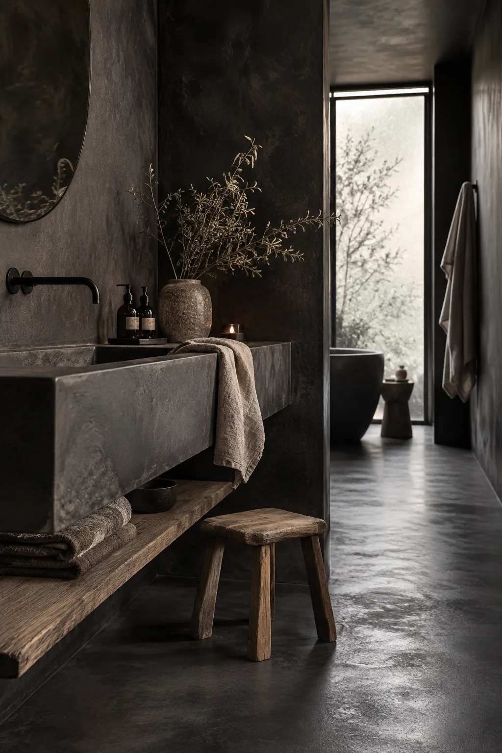 Minimalist bathroom with raw black concrete walls and sink