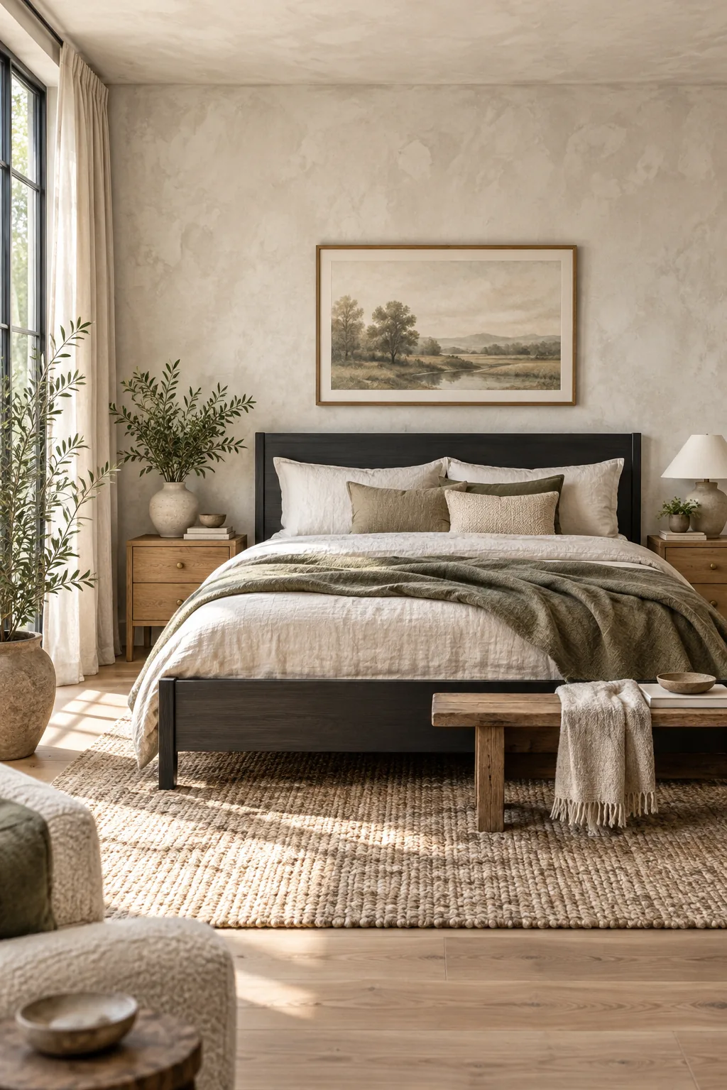 A matte charcoal-black platform bed paired with raw oak nightstands and limewash walls.
