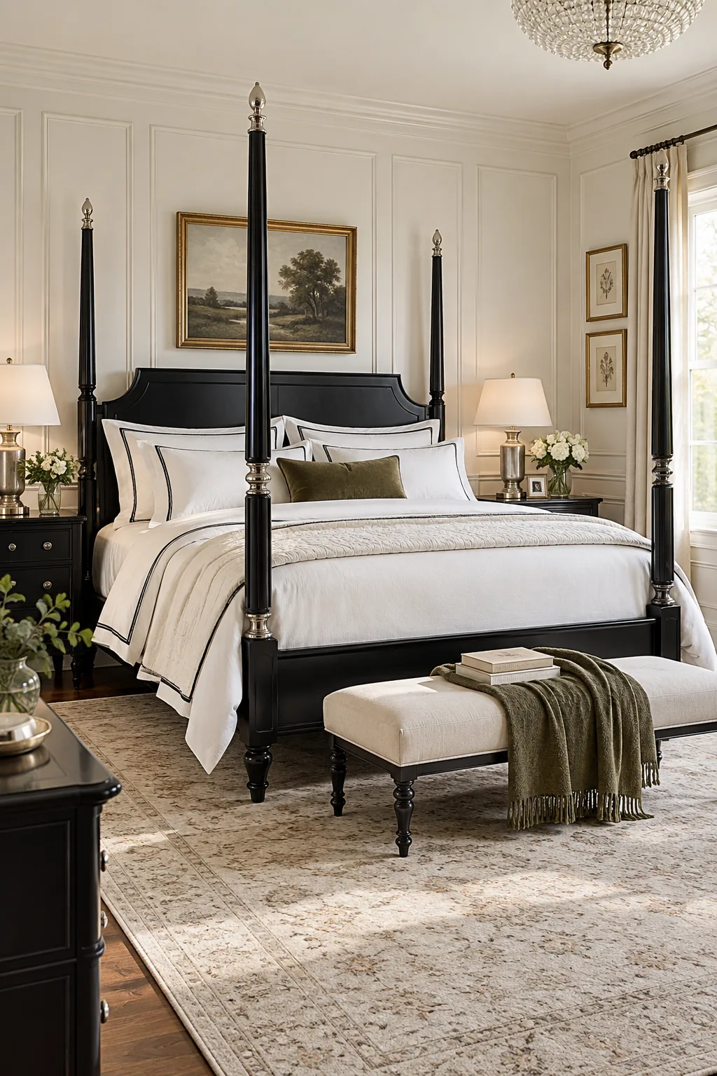 A glossy true-black four-poster bed against crisp white wainscoting with tailored bedding.