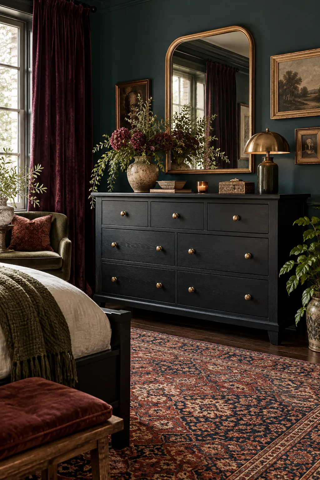 A blue-black dresser styled in a dark teal room with jewel-toned velvet curtains.