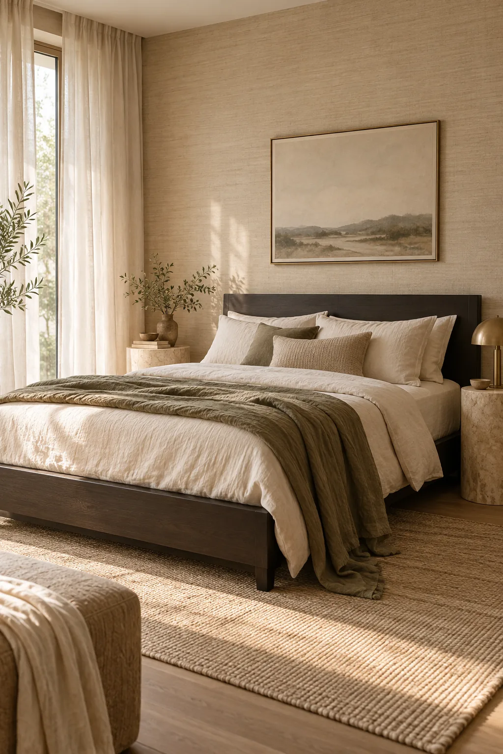 A warm brown-black low profile bed in a beige room with sheer linen drapery.