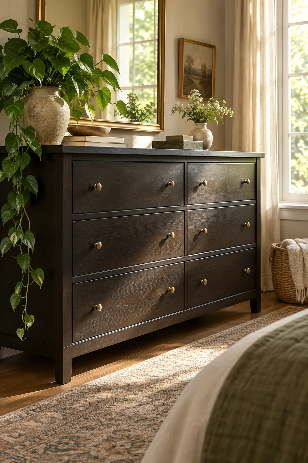 A strip of white paper taped to the side of a black dresser, revealing a brown undertone in the daylight.