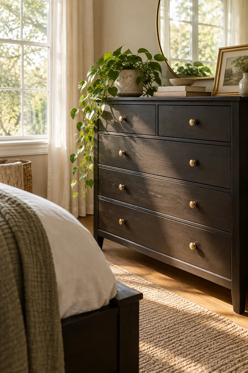 A black dresser with brass knobs positioned directly across from a bright, sunlit window.