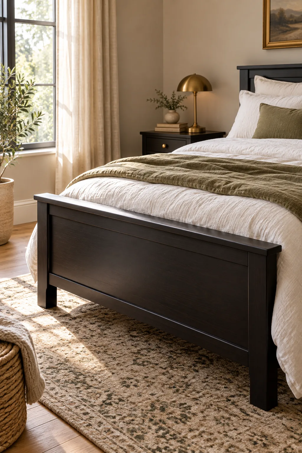 The top rail of a black satin bed footboard catching a soft light highlight, layered with white and green bedding.
