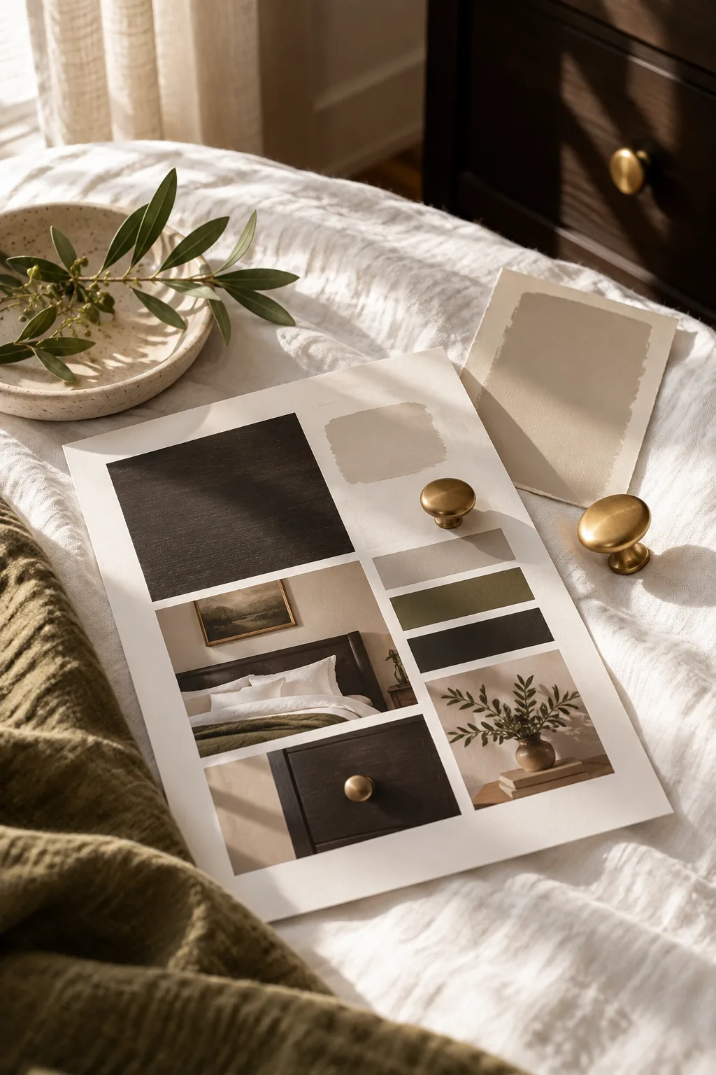 A printed undertone pairing sheet styled on a bed with a brass knob and a putty paint swatch.