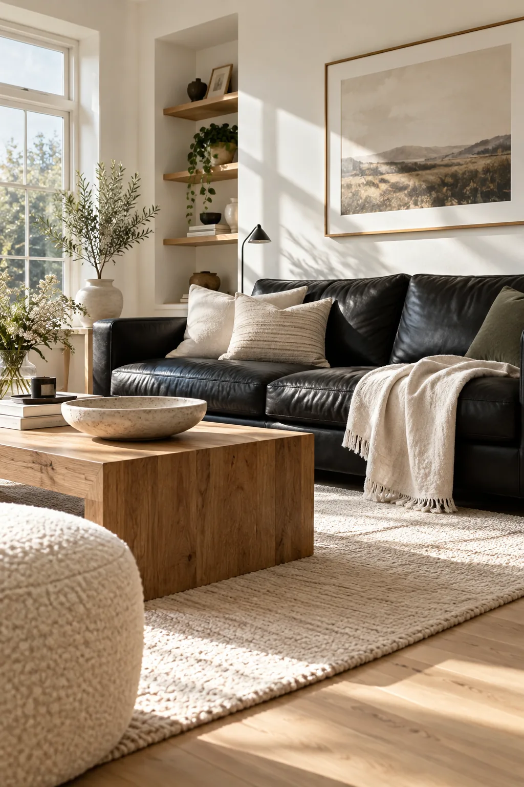 Black leather sofa against white wall with light rug