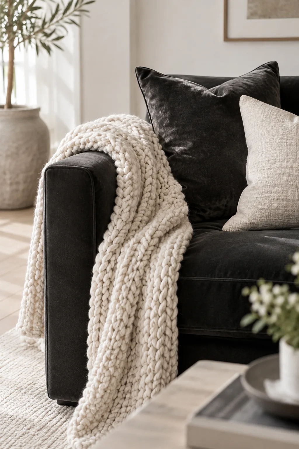 Black sofa styled with chunky knit throw and pillows