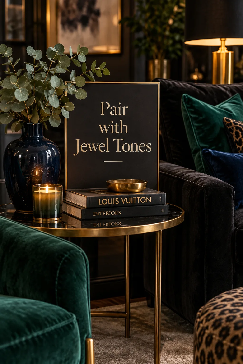 Matte black velvet couch with emerald green chairs