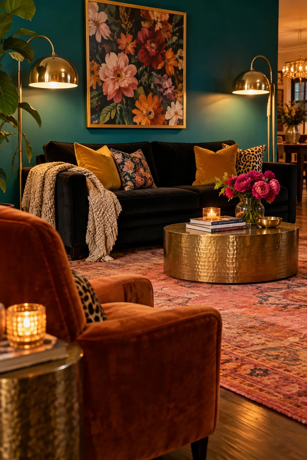 Black sofa flanked by tall brass floor lamps
