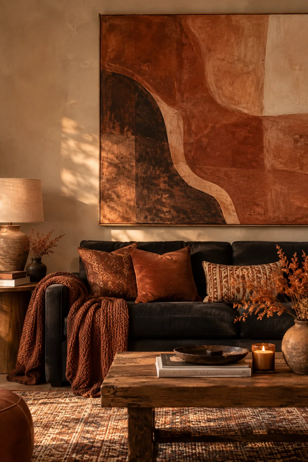 Black couch decorated with rust and terracotta pillows