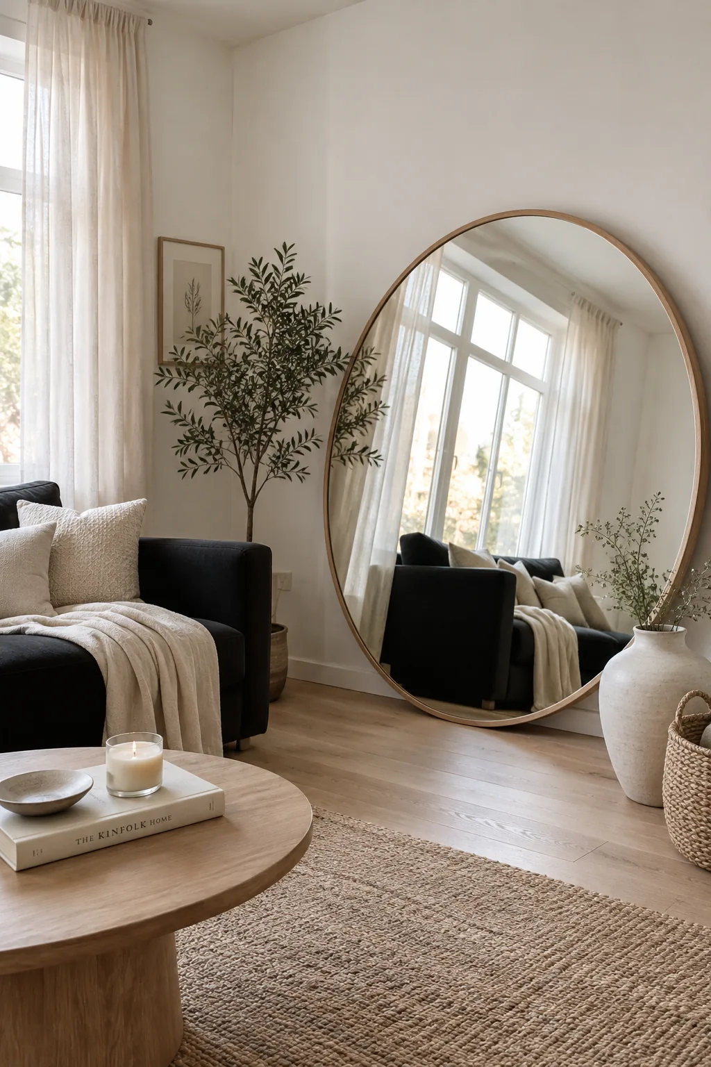 Large mirror hanging on wall opposite black sofa