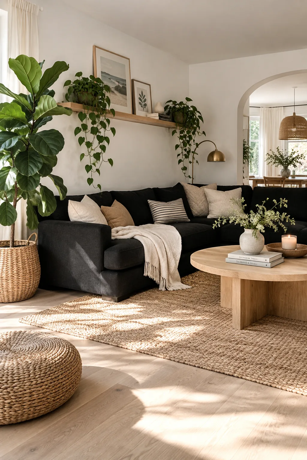 Fiddle leaf fig plant next to black sofa