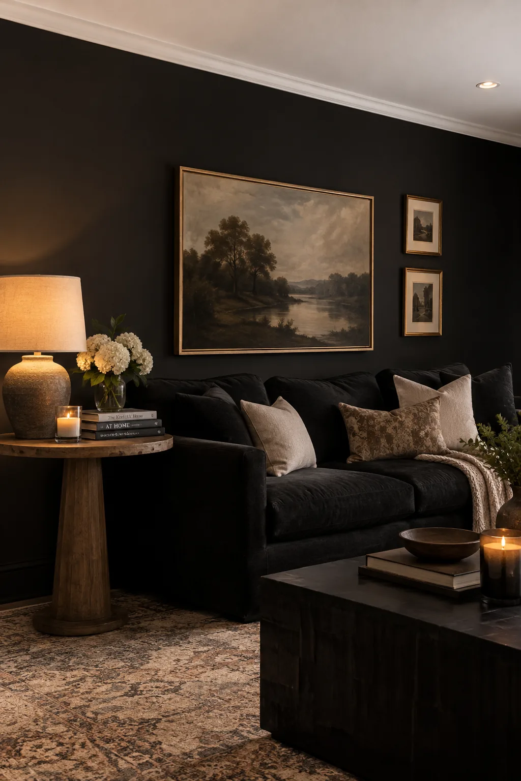 Black sofa pushed against black painted accent wall