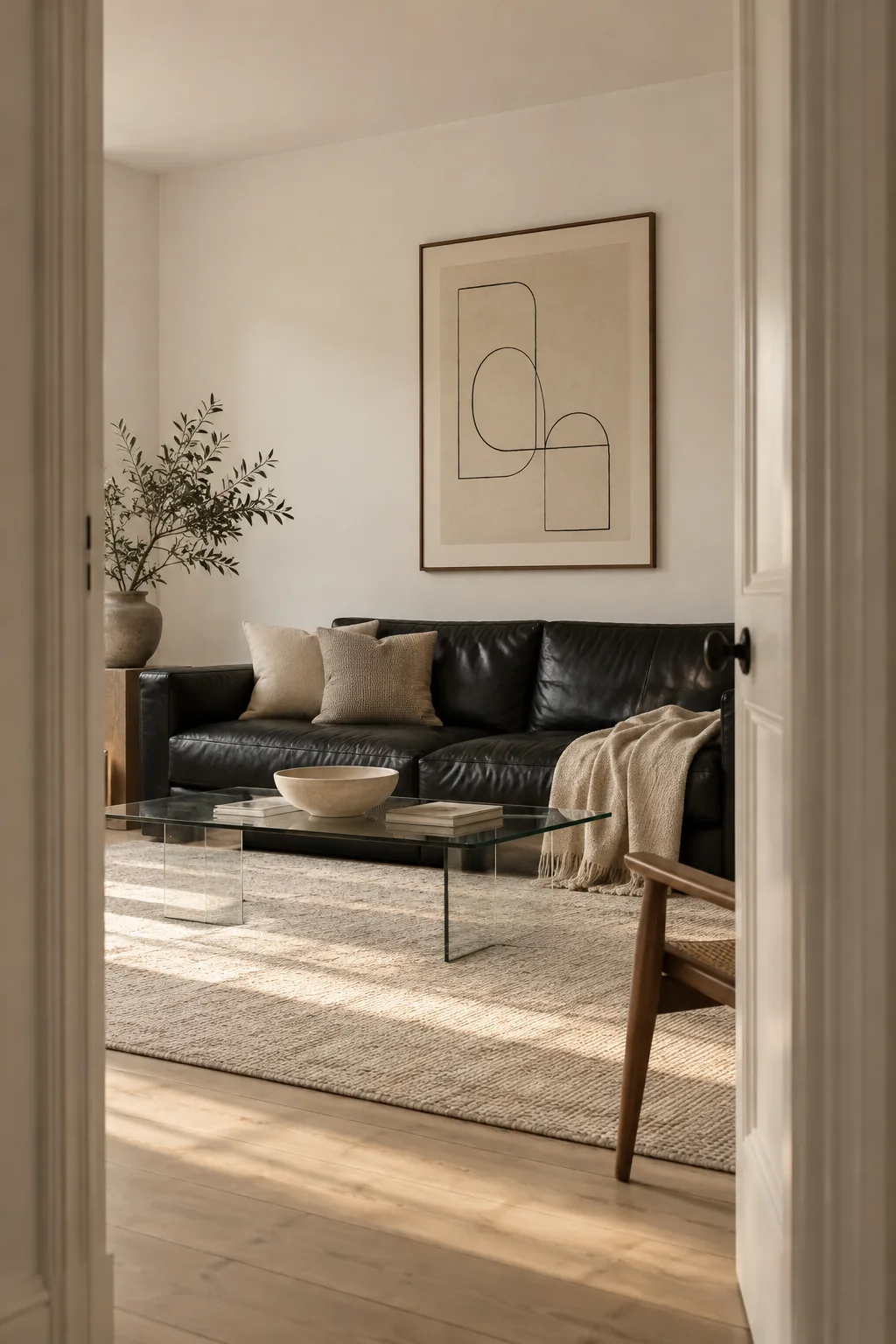 Minimalist living room with black couch and glass table