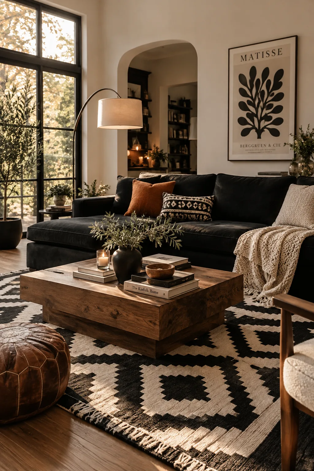 Black couch on top of geometric black and white rug