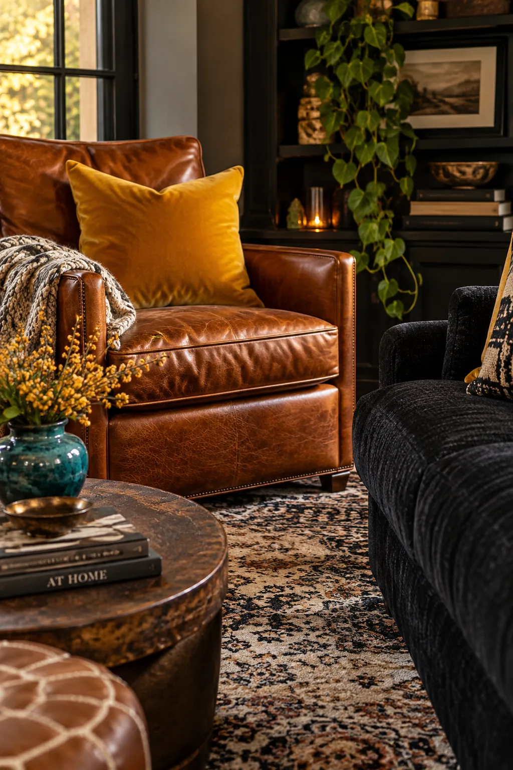 Black fabric sofa across from cognac leather chair