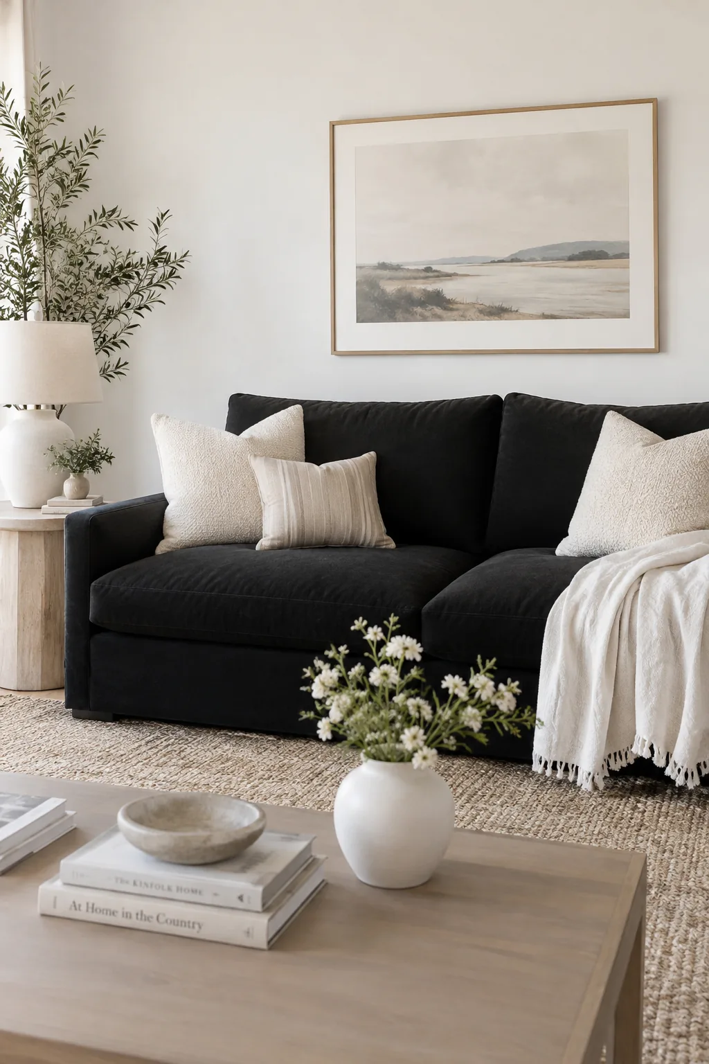 Black sofa styled with light oak end tables