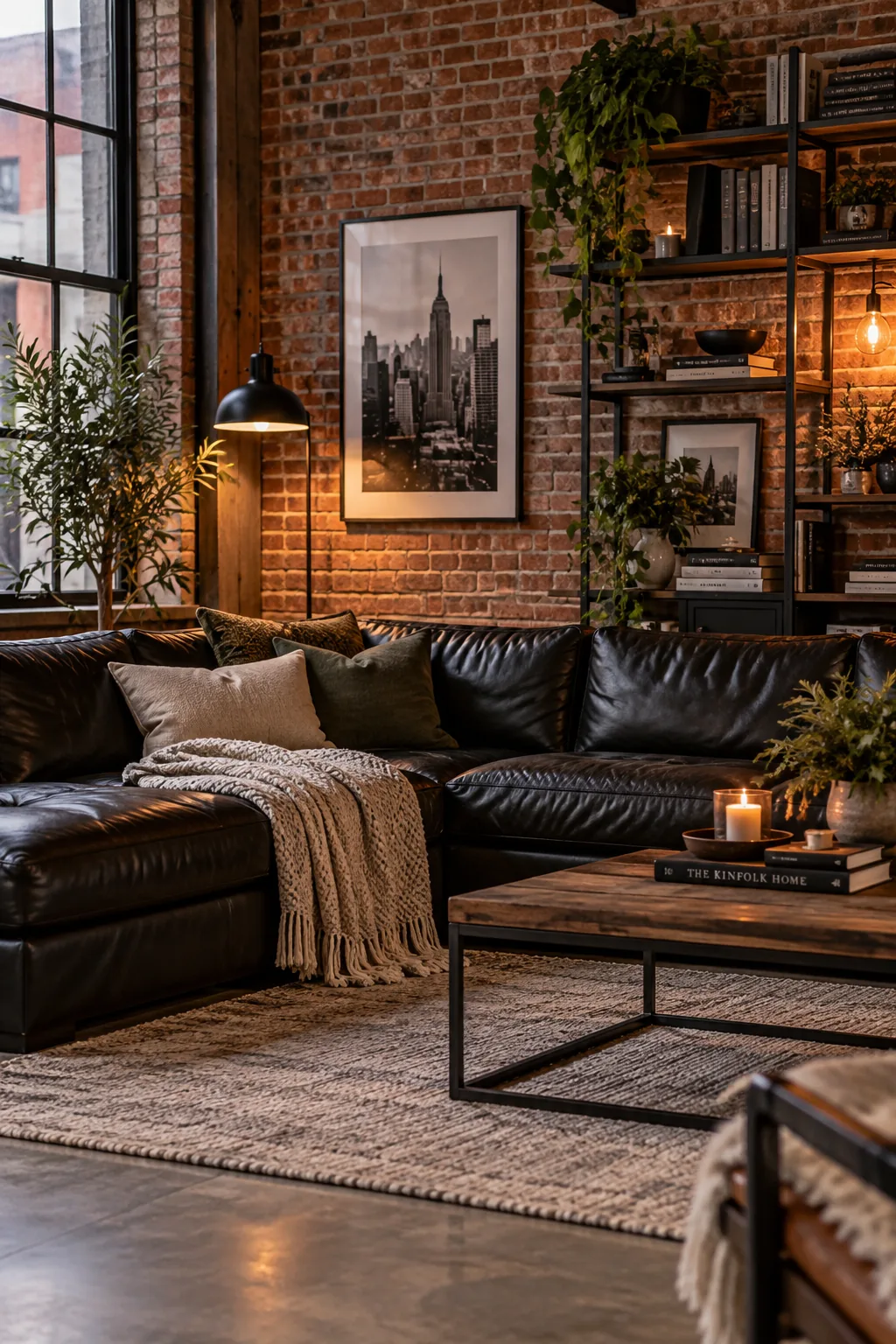 Black leather sectional against exposed brick wall