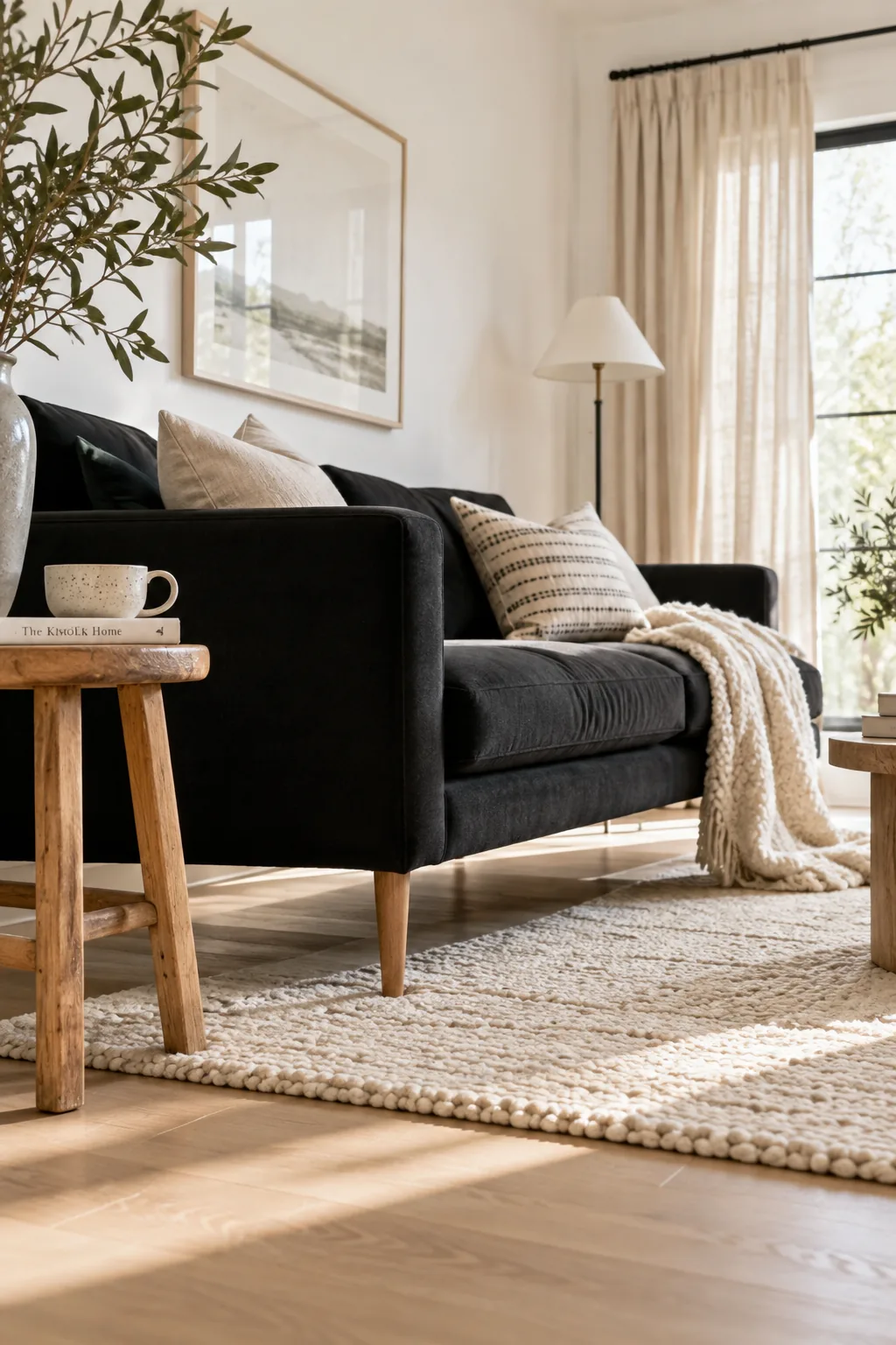 Black couch with light wood replacement legs