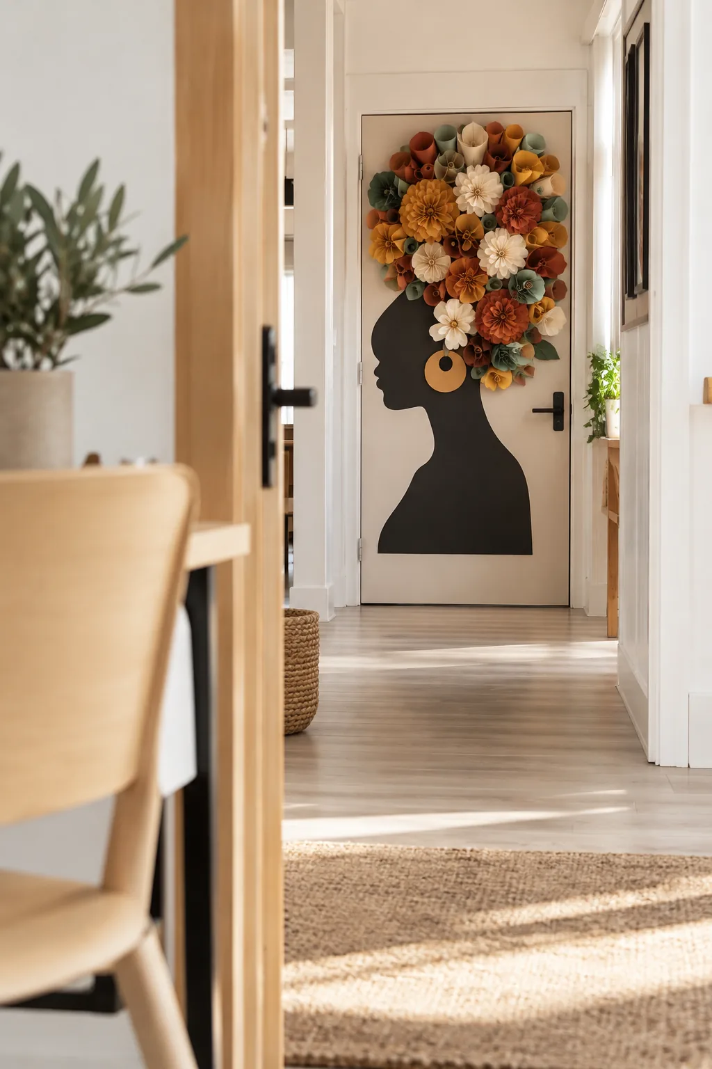 Black door with a side profile silhouette featuring hair made of colorful rolled paper flowers