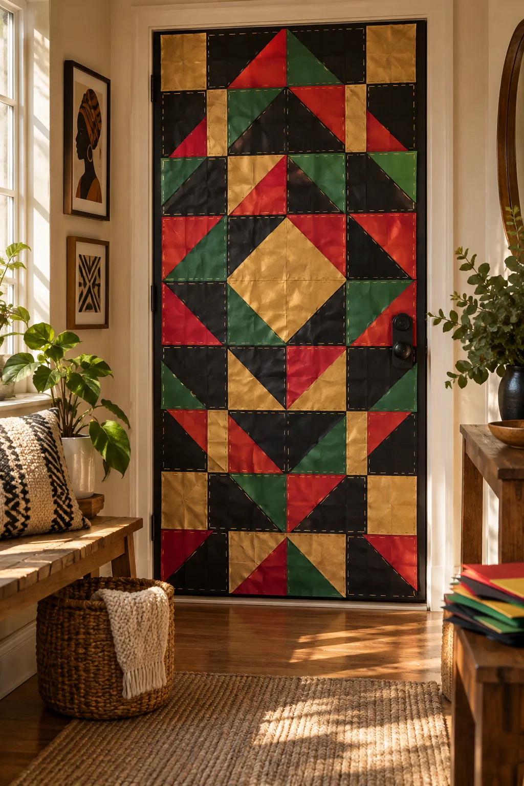Door decorated with a paper patchwork quilt in Pan-African colors