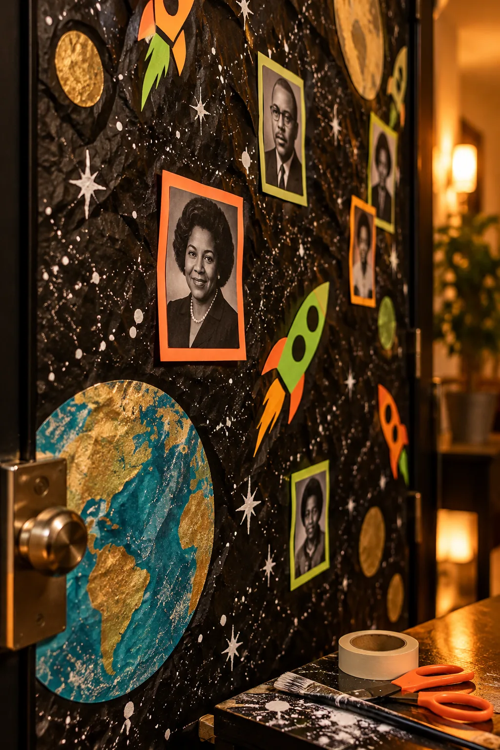 Space themed door with black paper and neon cutouts