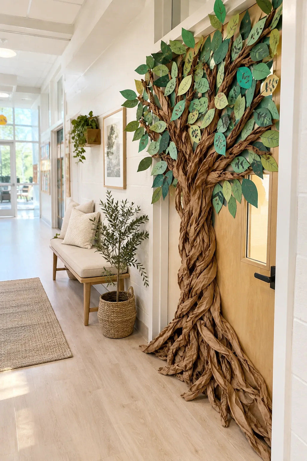 Classroom door featuring a large 3D twisted paper tree