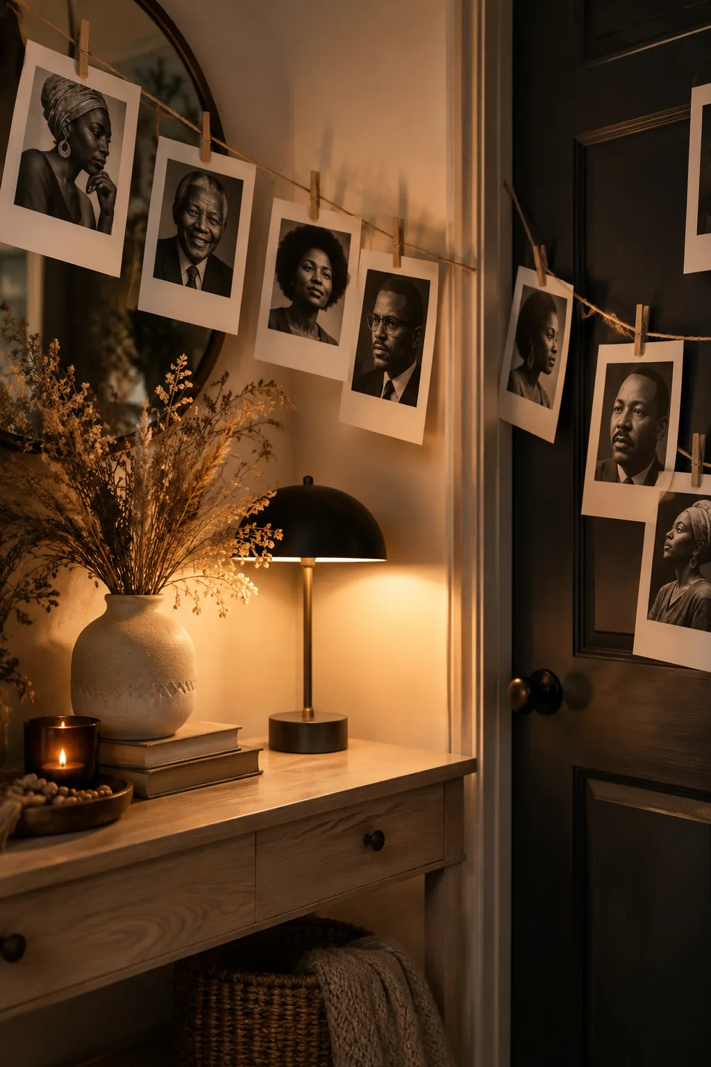 Door decorated with oversized paper Polaroid frames and photos