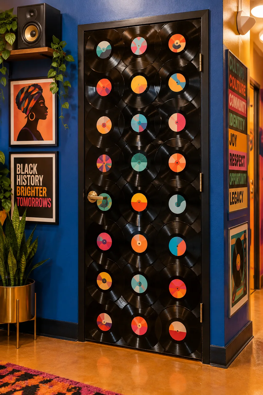 Door adorned with real vinyl records and gold music notes