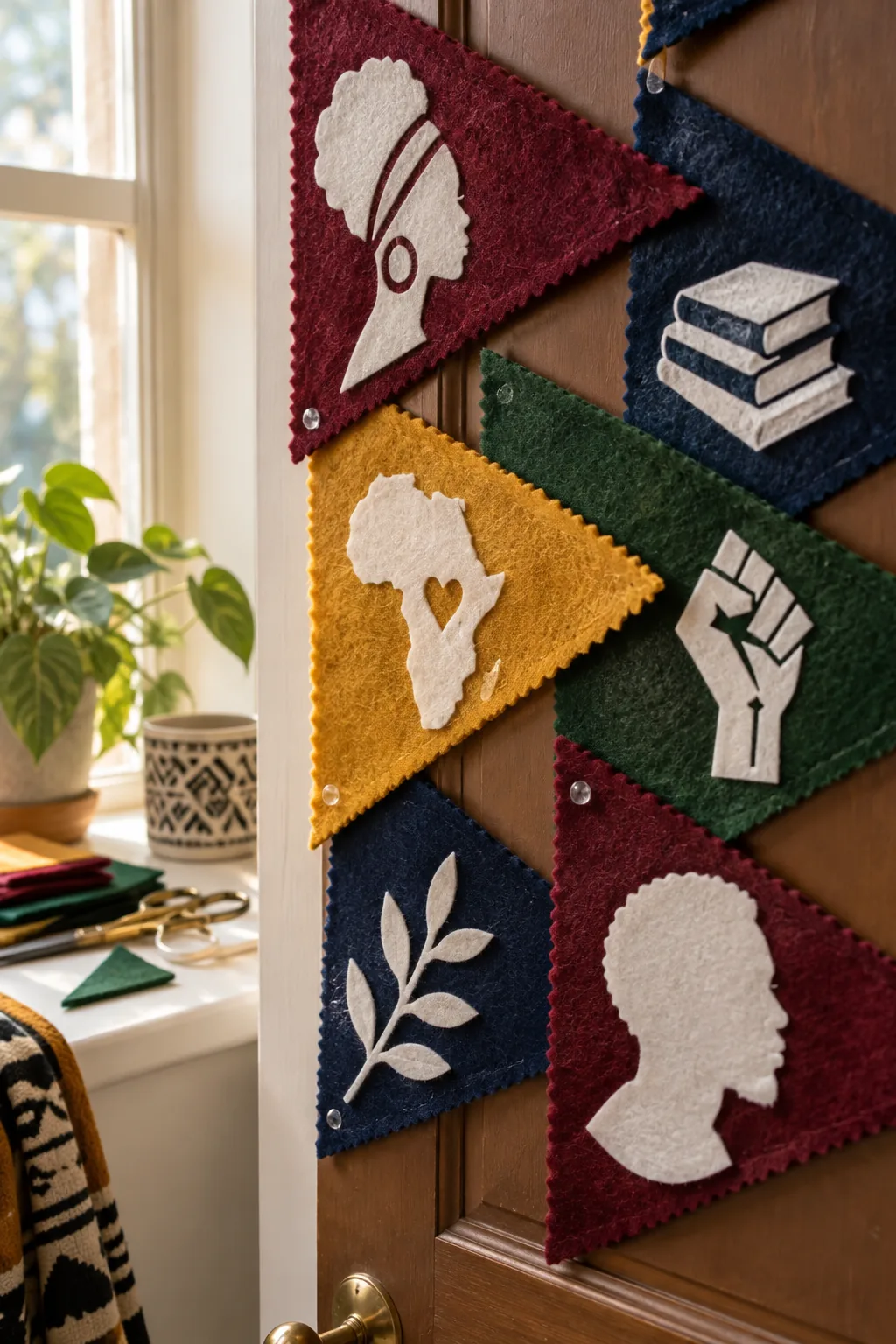 Door covered in overlapping felt HBCU pennants