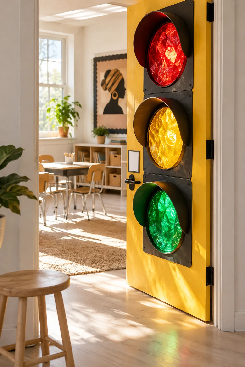 Door transformed into a giant vintage traffic light