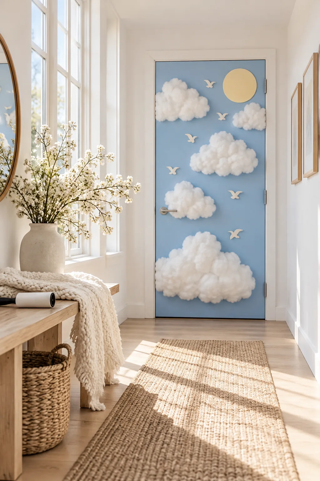Sky blue door with 3D fluffy clouds and paper raindrops
