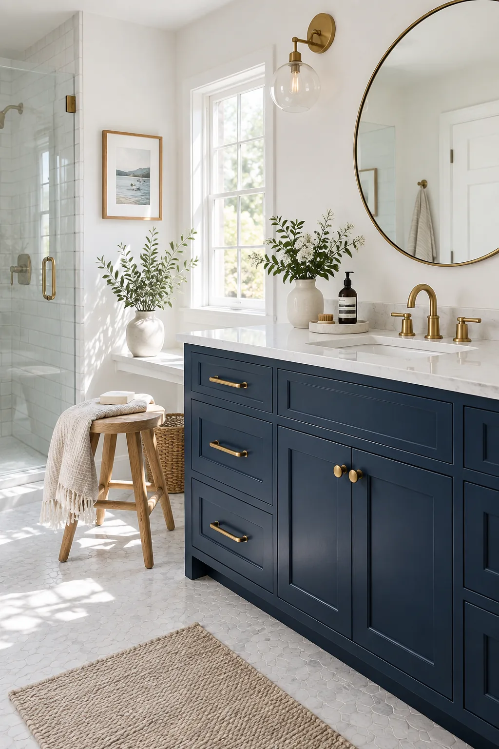 Navy blue bathroom vanity with warm brass hardware against white walls